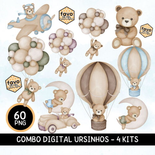 Combo Digital Ursinhos Aquarela - 4 Kits - Chá de Bebê