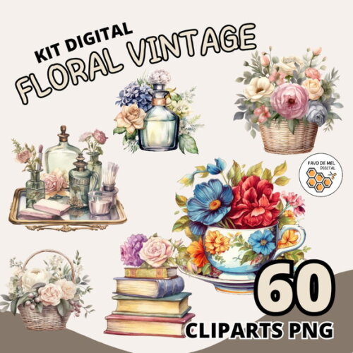 Combo Floral Vintage Aquarela -6 Kits Digitais - 60 Cliparts