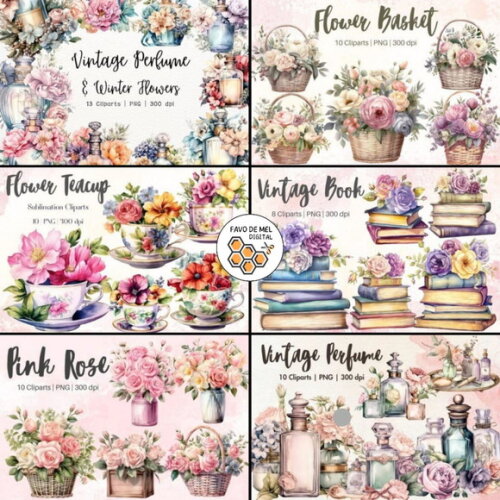 Combo Floral Vintage Aquarela -6 Kits Digitais - 60 Cliparts