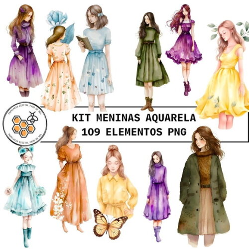 Combo Pack Digital Meninas Aquarela - 5 Kits Digitais