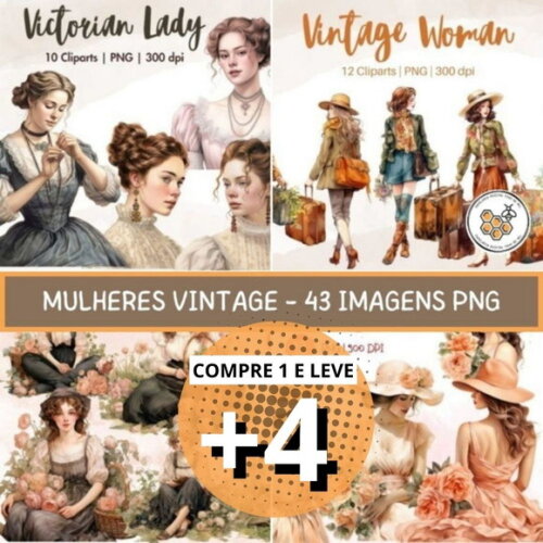 Combo Mulheres Vintage Aquarela - 4 Kits Digitais