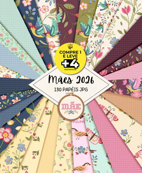 Combo Papéis Digitais Floral Bordado - Dia das Mães