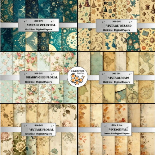 Combo Papel Digital Vintage - 170 Papéis - Outono Mapas