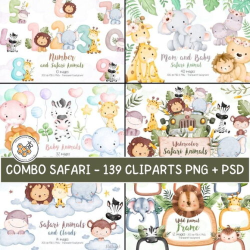 Combo Safari Aquarela - 6 Kits Digitais