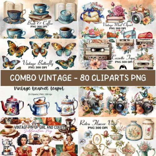 Combo Vintage - 8 Kits Digitais - 80 Cliparts Png