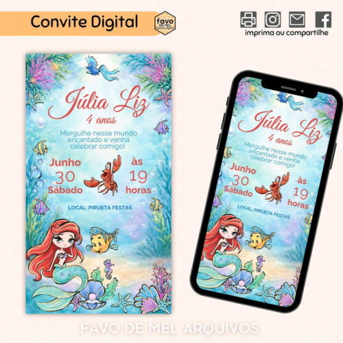 Convite Digital Ariel Pequena Sereia