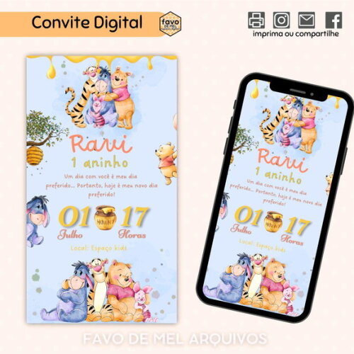 Convite Digital Ursinho Pooh Menino