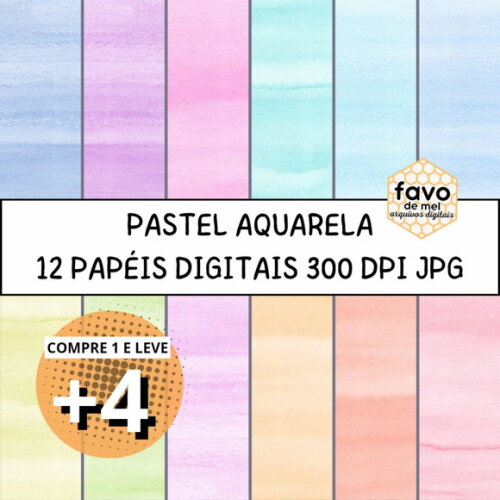 Kit 12 Papéis Digitais Aquarela - Tons Pastel Candy Color