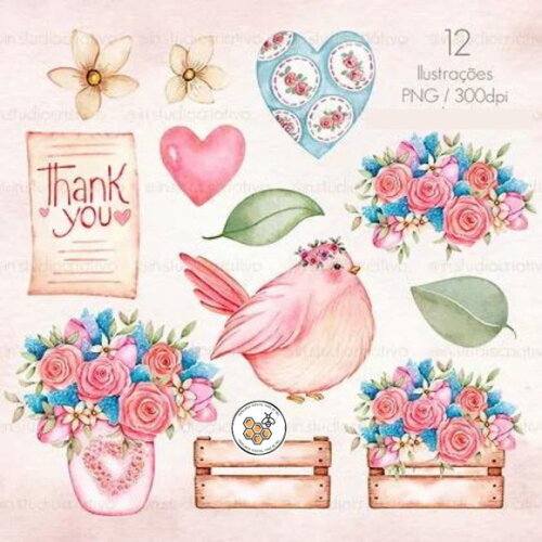 Kit Digital Afeto - Floral Passarinho Aquarela