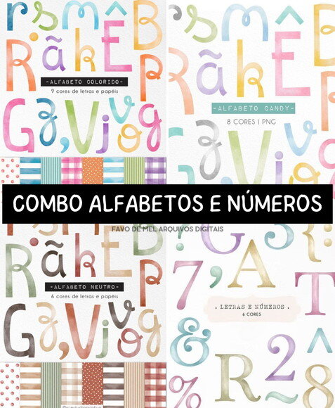 Kit Digital Alfabeto e Números Aquarela - Combo 4 Kits