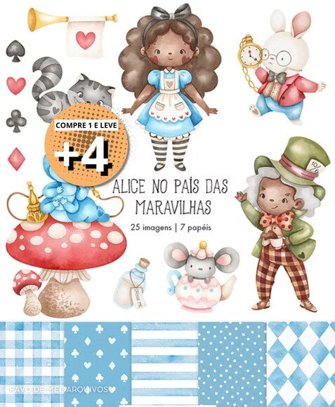 Kit Digital Alice no País das Maravilhas Negra Aquarela Png