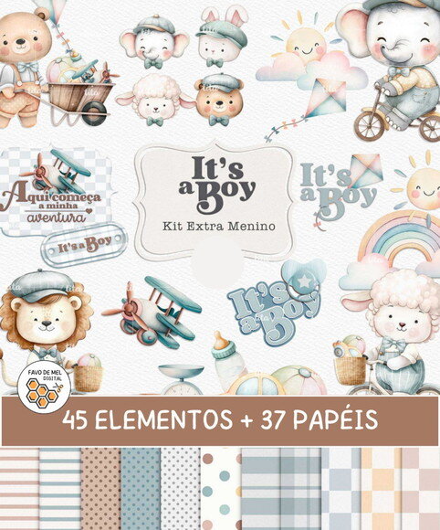 Kit Digital Animais Brinquedos Aquarela Menino - It