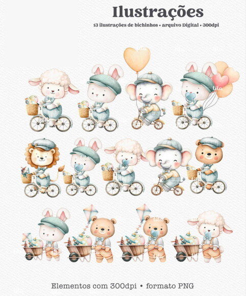 Kit Digital Animais Brinquedos Aquarela Menino - It