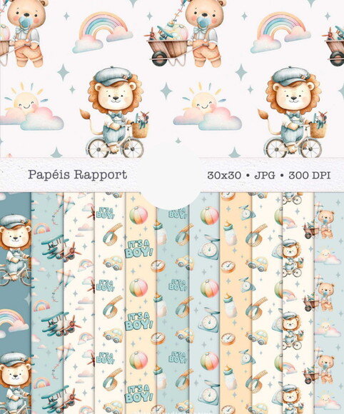 Kit Digital Animais Brinquedos Aquarela Menino - It