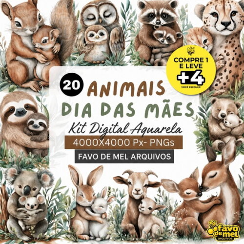 Kit Digital Animais Dia das Mães Aquarela