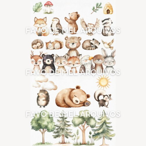 Kit Digital Animais do Bosque Aquarela #27 Woodland Friends