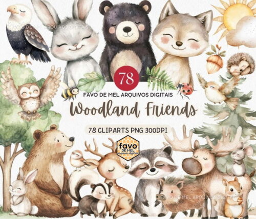 Kit Digital Animais do Bosque Aquarela #27 Woodland Friends