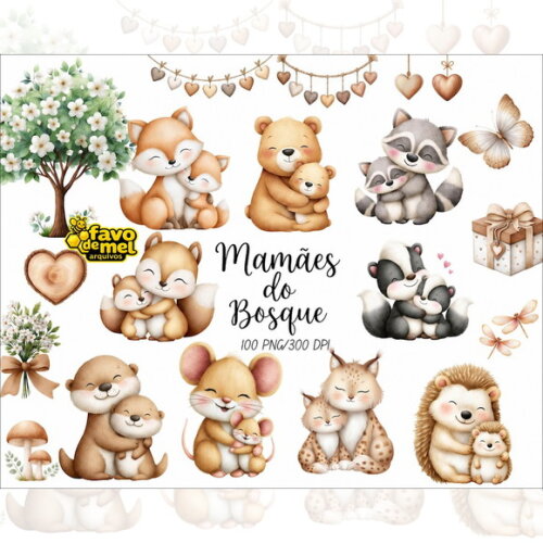 Kit Digital Animais do Bosque Dia das Mães Aquarela
