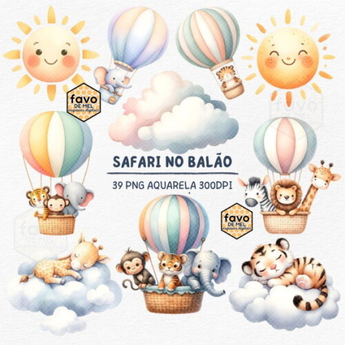 Kit Digital Animais Safari no Balão Aquarela Premium Dcbynuk