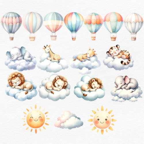 Kit Digital Animais Safari no Balão Aquarela Premium Dcbynuk