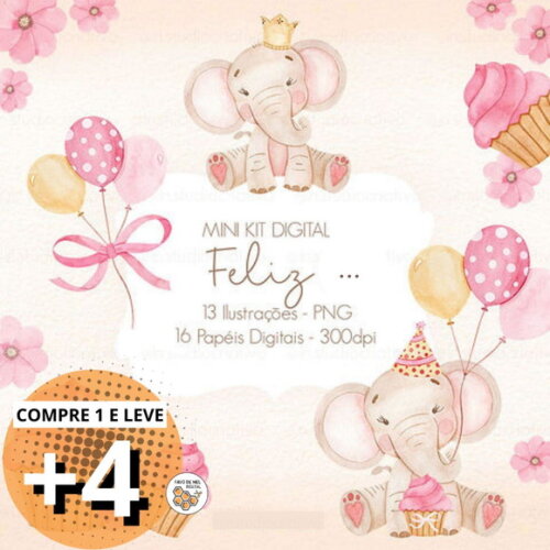 Kit Digital Aniversário Elefantinho com Balões Aquarela