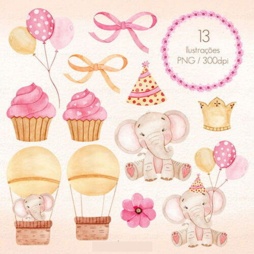 Kit Digital Aniversário Elefantinho com Balões Aquarela