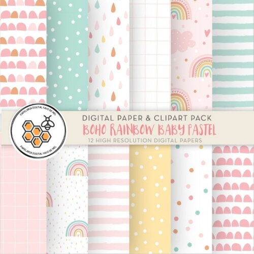 Kit Digital Arco-íris Aquarela #1 Boho Rainbow Baby Pastel