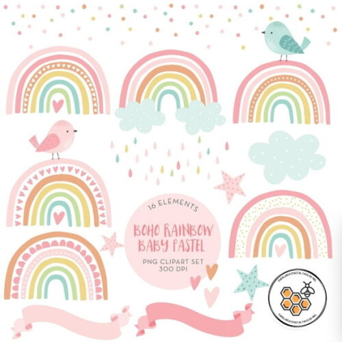 Kit Digital Arco-íris Aquarela #1 Boho Rainbow Baby Pastel