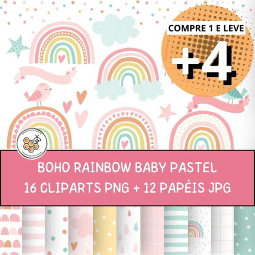 Kit Digital Arco-íris Aquarela #1 Boho Rainbow Baby Pastel