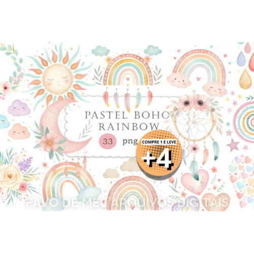 Kit Digital Arco-íris Aquarela #3 Boho Rainbow Baby Pastel