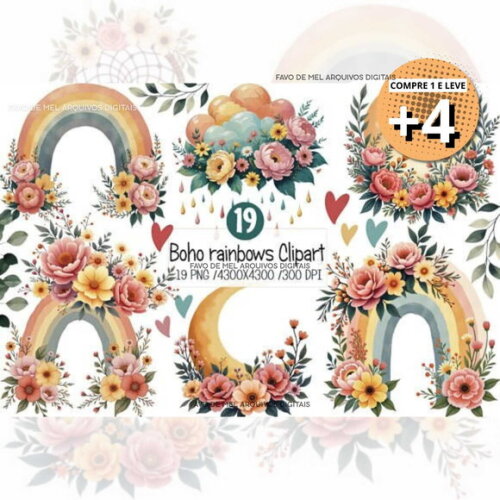 Kit Digital Arco-íris Boho Floral Aquarela #3 Png