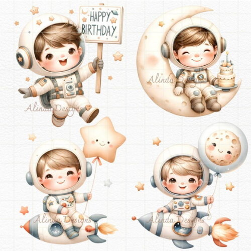 Kit Digital Astronauta Aniversário Aquarela Png Premium