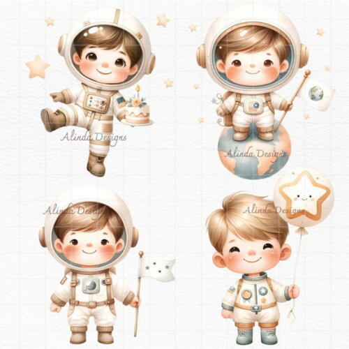 Kit Digital Astronauta Aniversário Aquarela Png Premium