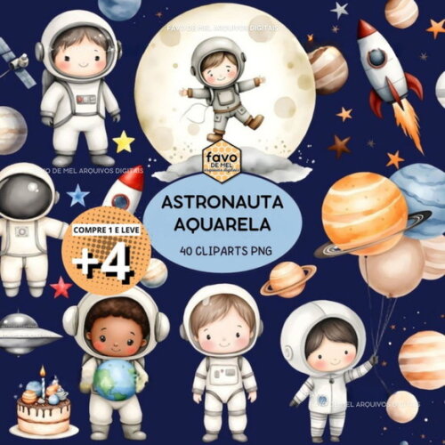 Kit Digital Astronauta Aquarela - Little Astronauts #as