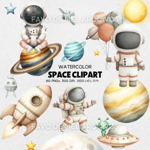 Kit Digital Astronauta Aquarela #34 Png