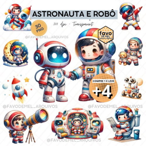 Kit Digital Astronauta e Robô Espaço Aquarela Cute