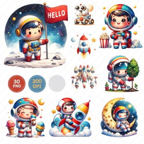 Kit Digital Astronauta e Robô Espaço Aquarela Cute
