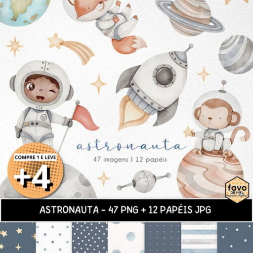 Kit Digital Astronauta Espaço Aquarela Png (pague 1 Leve 5)