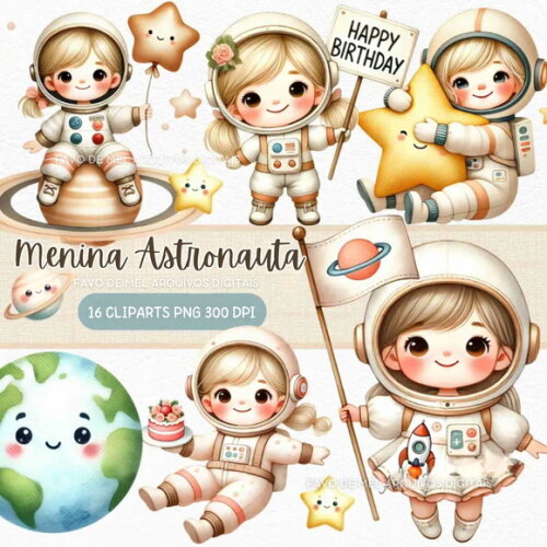 Kit Digital Astronauta Menina Aquarela #3 Png Premium