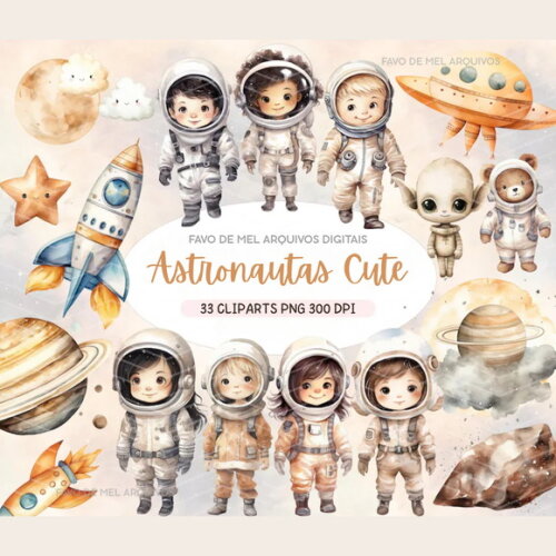 Kit Digital Astronautas Cute Aquarela Premium