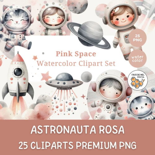Kit Digital Astronauta Rosa Aquarela Premium - Pink Space