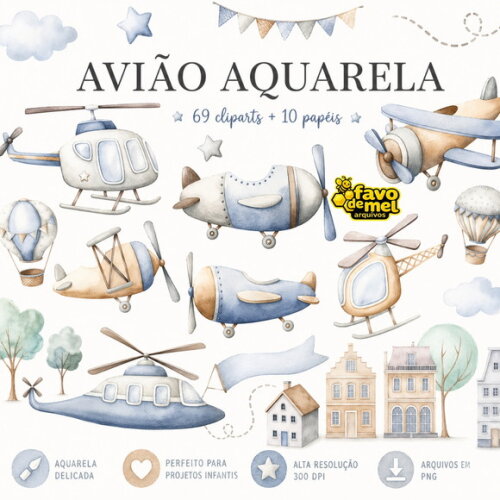 Kit Digital Avião Aquarela - Viagem Helicópteros Png