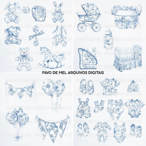 Kit Digital Baby Blue Toile - Estampa Francesa Chá de Bebê