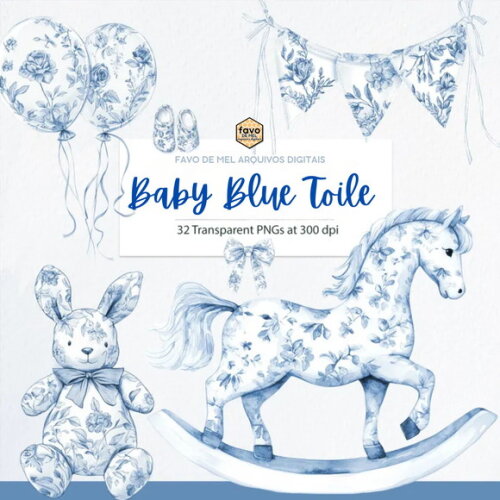 Kit Digital Baby Blue Toile - Estampa Francesa Chá de Bebê
