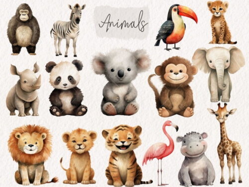 Kit Digital Baby Safari Aquarela - Jungle Animals Kd