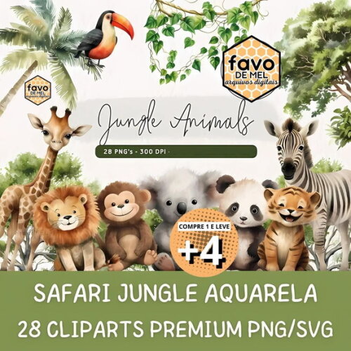 Kit Digital Baby Safari Aquarela - Jungle Animals Kd
