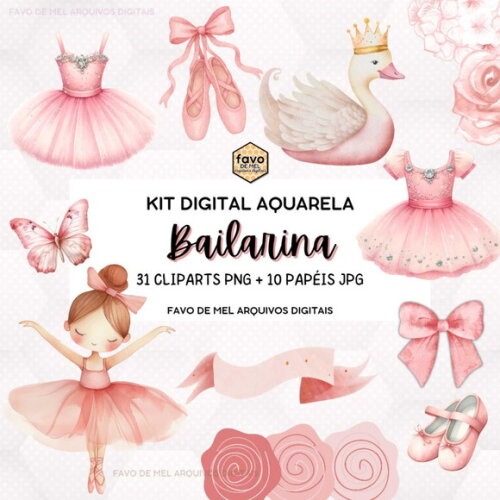 Kit Digital Bailarina Rosa Aquarela Png com Papéis