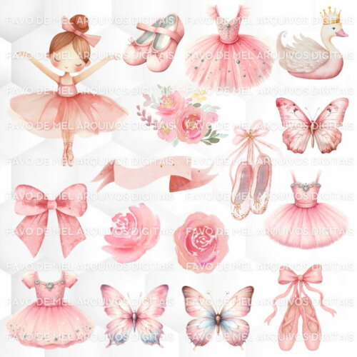 Kit Digital Bailarina Rosa Aquarela Png com Papéis