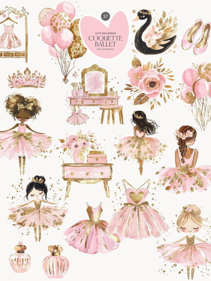 Kit Digital Bailarinas Aquarela Rosa e Dourado #19 Png