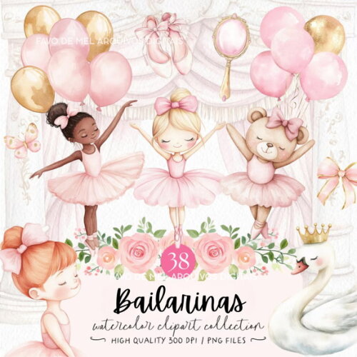 Kit Digital Bailarinas Rosa Aquarela #20 Png Premium
